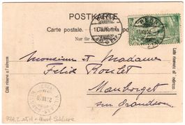 5 Rp. UPU 1900 mit ABART starke Wischstriche auf AK von BERN