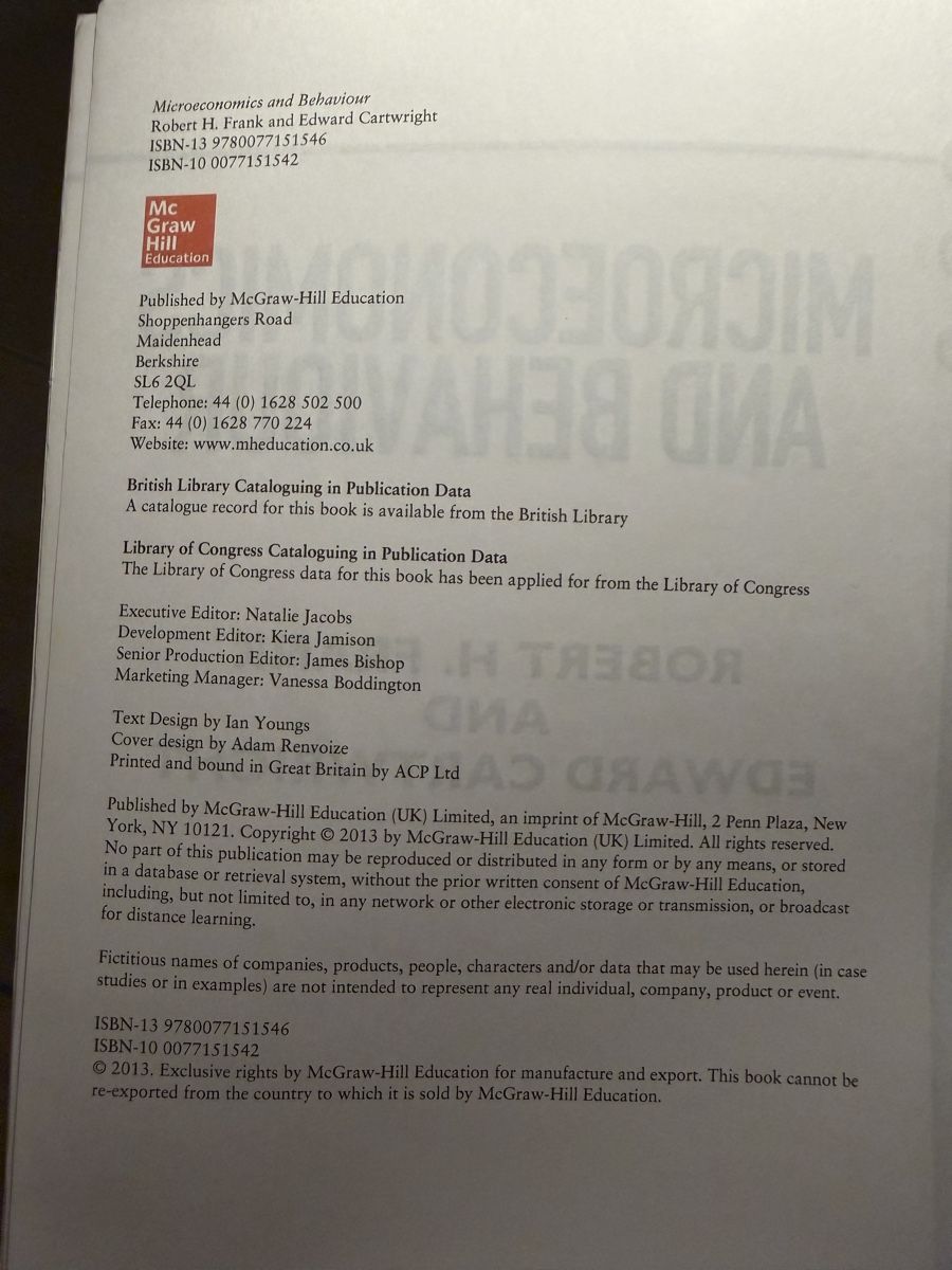 Bücher: Microeconomics and Behaviour, Robert Frank & E. Cartwright – Gebraucht aus Winterthur von marisole4 1