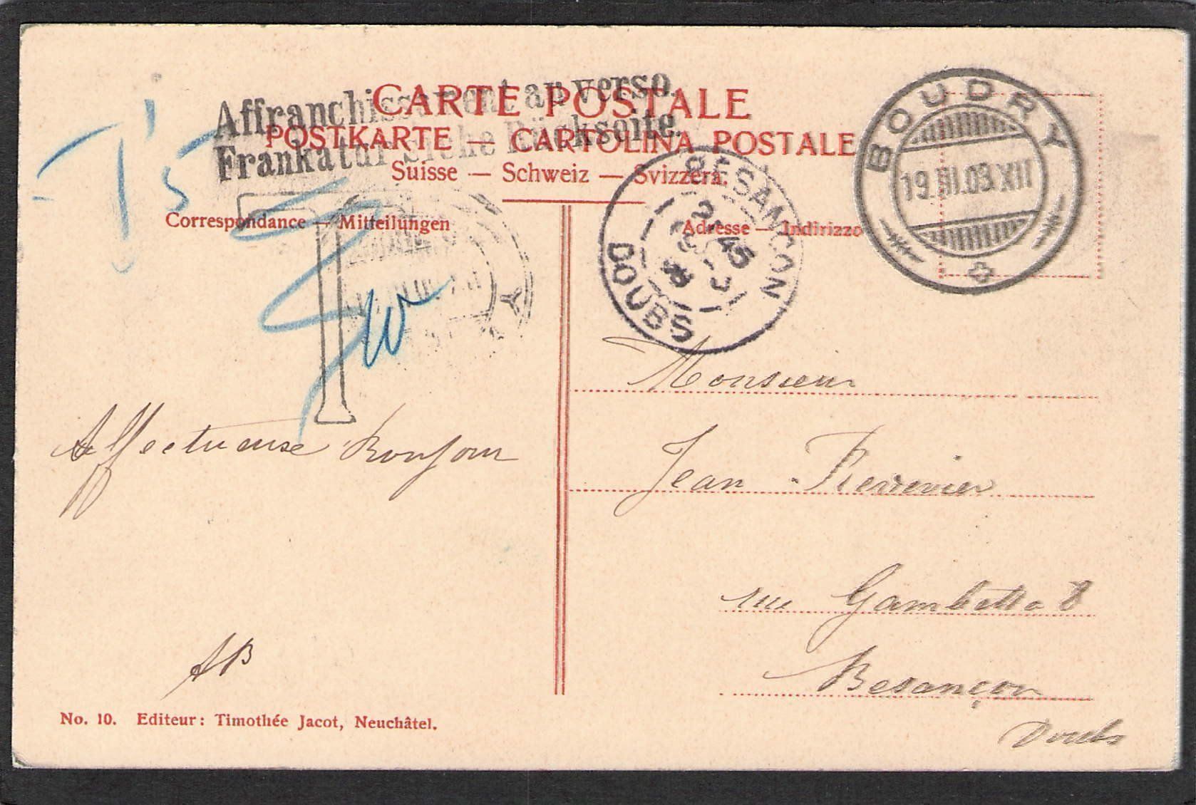 Ansichtskarten: CP, Boudry , 1908 – Gebraucht aus Reichenburg von Pipo-67 1