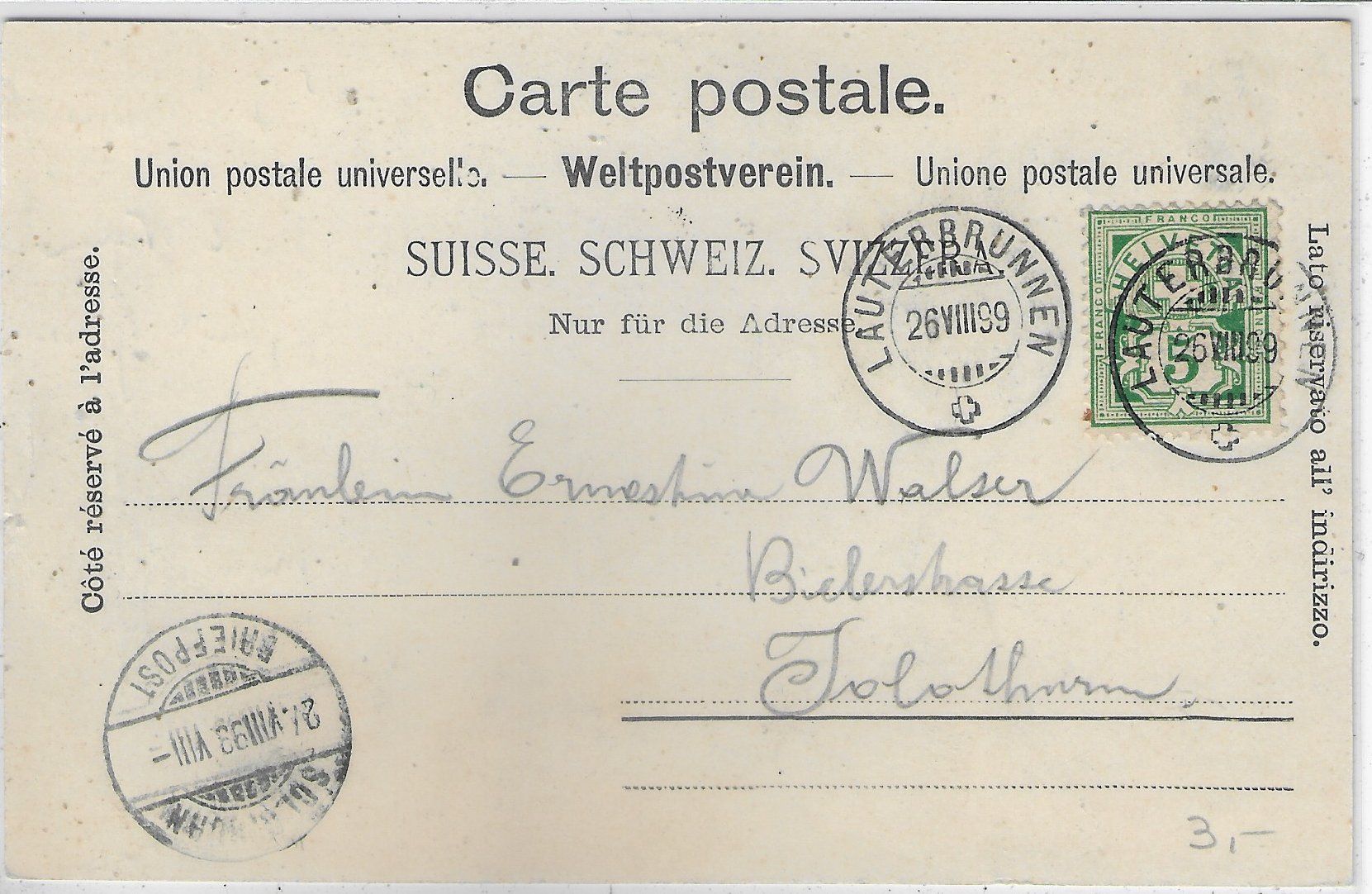 Cartoline postali: Lauerbrunnen mit Staubbach 1899 – Usato da Ettingen venduto da Kartenplanet 1