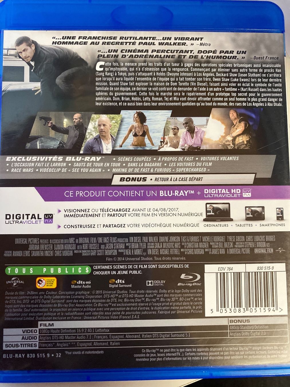 Tutti i DVDs: FAST & FURIOUS 7  / VERSION LONGUE - BLURAY – Usato da Le Brassus venduto da cinema13 1