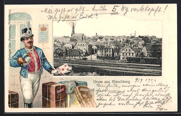 Cartoline postali: Münchberg, Ortsansicht, Briefträger mi – Usato da Berlin venduto da bartko-reher