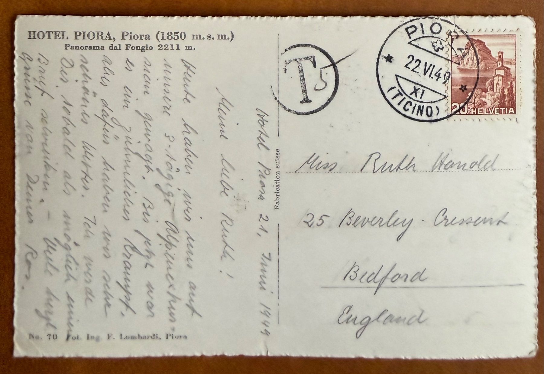 Ansichtskarten: Piora - Hotel Piora 1949 – Gebraucht aus Lutry von Ediego 1