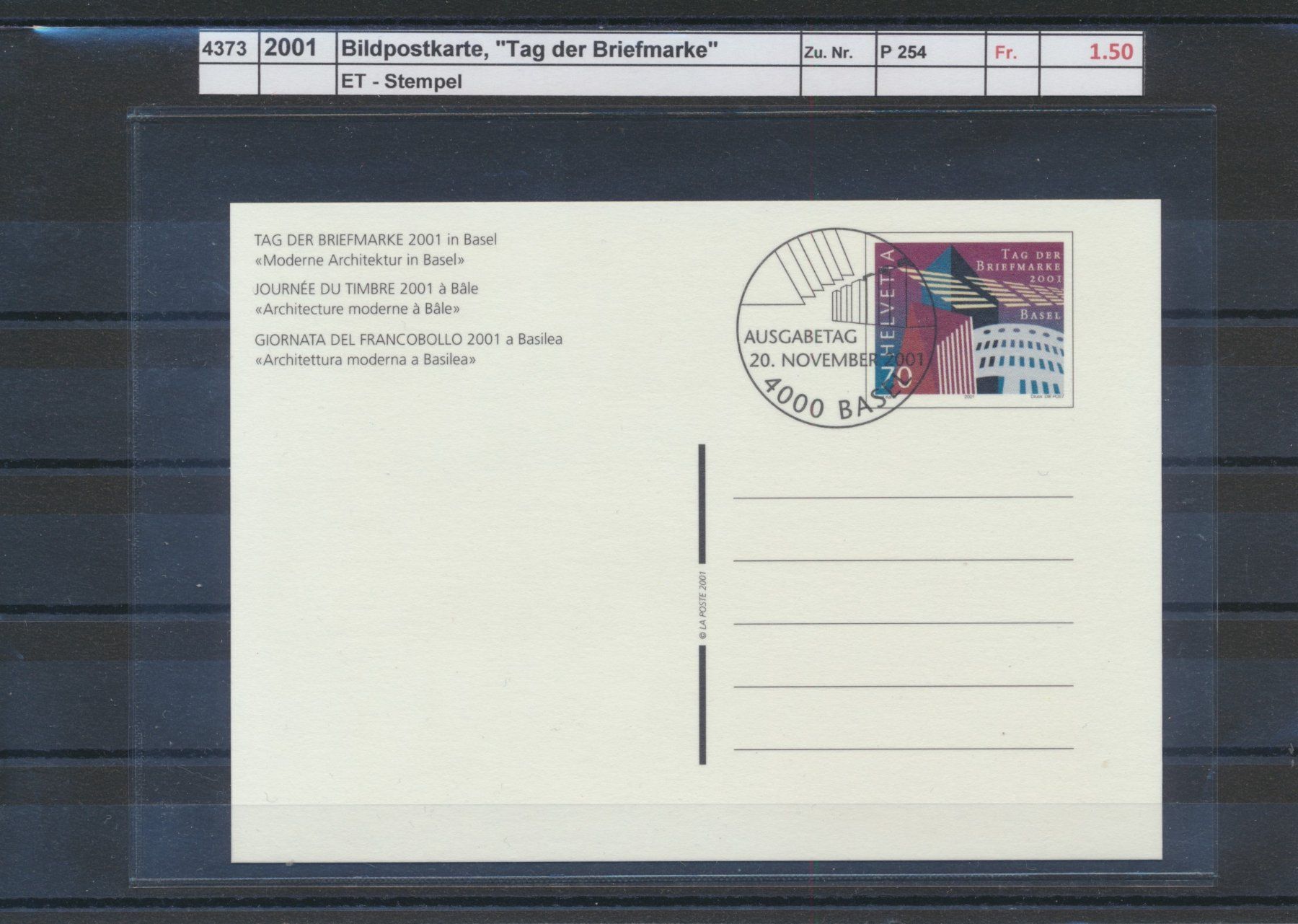 Tutti i francobolli: 2001 Bildpostkarte, "Tag der Briefmarke", ET - Stempel – Usato da Winterthur venduto da Zupogeru