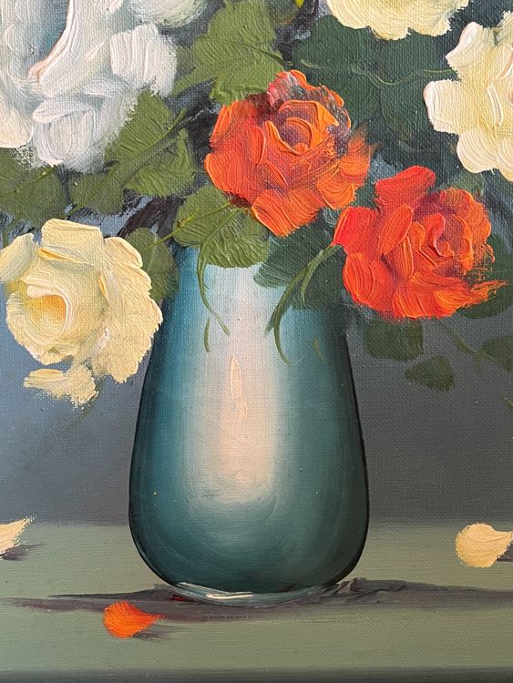 Gemälde: Blumenölgemälde, Rosen in Vase, Vintage Wandkunst – Gebraucht aus Basel von Kaffee_und_Kunst 3