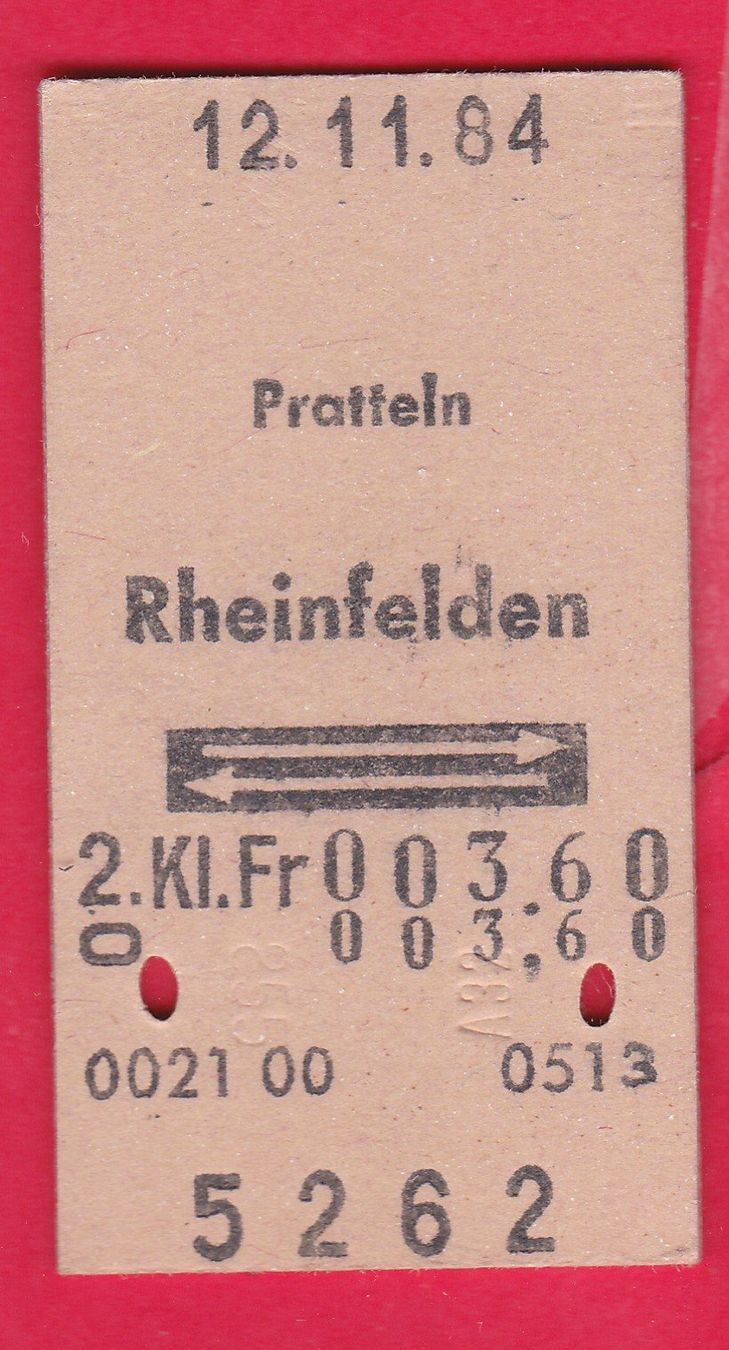 Biglietti: KARTON BILLETT, PRATTELN - RHEINFELDEN, 2.KLASSE, RETOUR – Usato da Oberrieden venduto da Gebirgsstelze