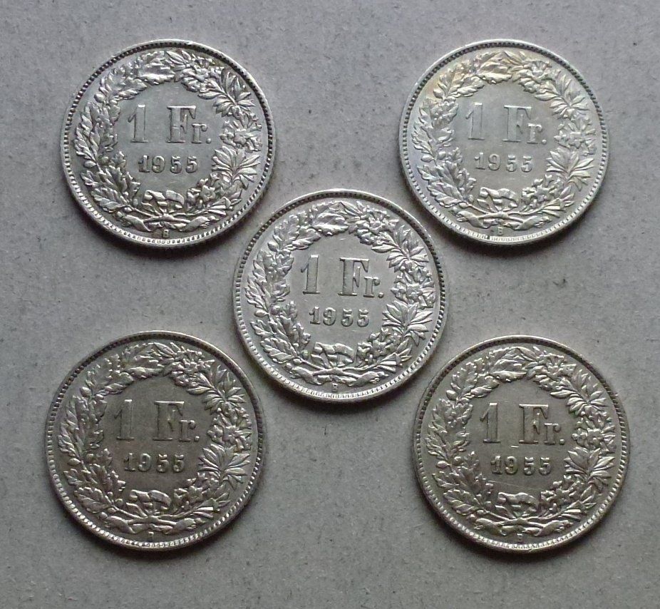 Tutti le monete: Lot ++ 5 Stück 1.- Franken 1955 – Usato da Walkringen venduto da Casablanca777