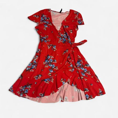 Red floral wrap dress