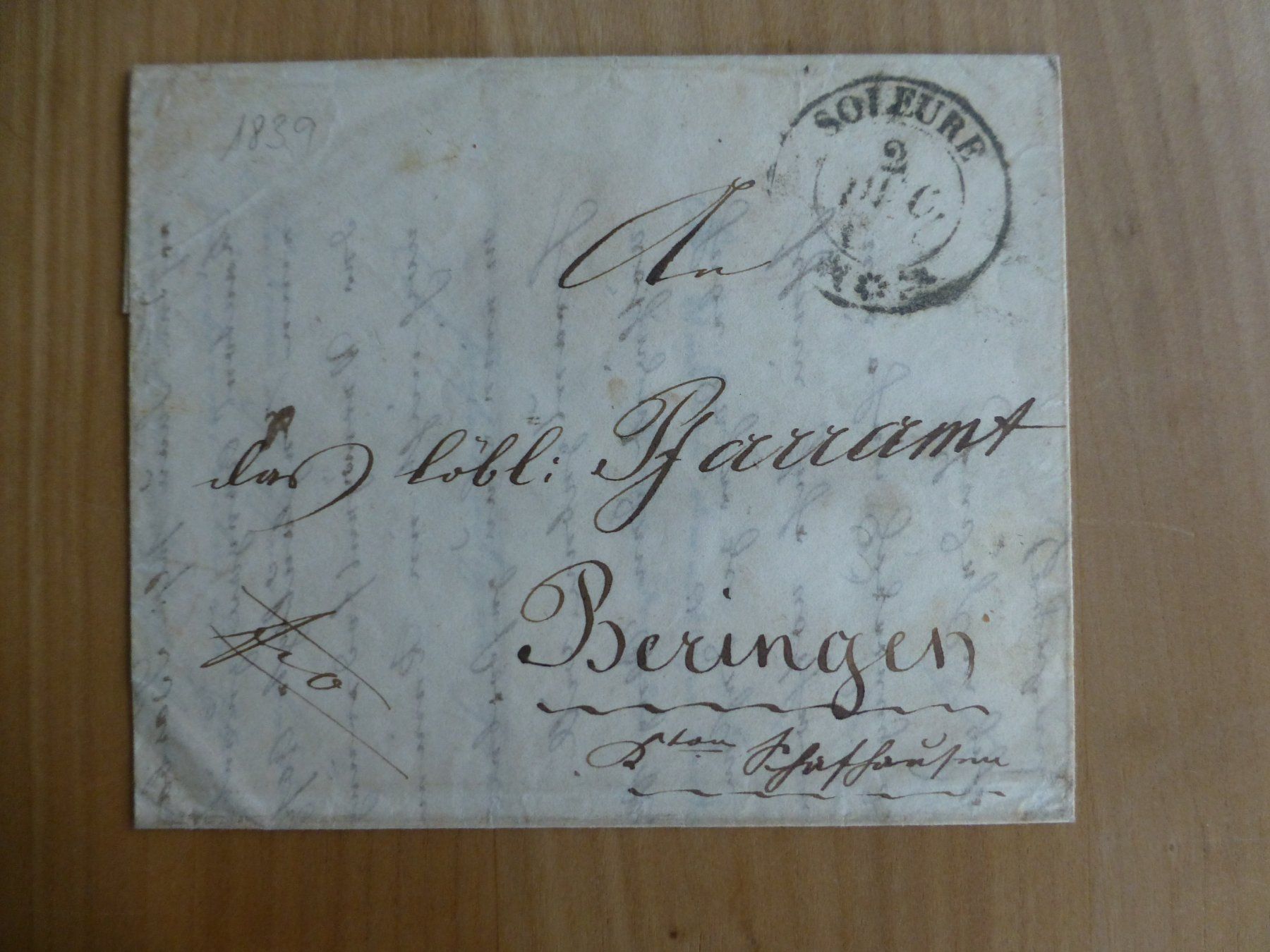 Dokumente: Solothurn- Schaffhausen- nach Beringen 2.Dezember 1839 – Gebraucht aus Bettlach von 1saurer