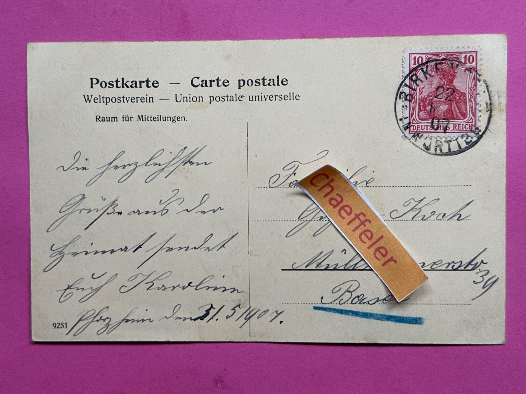 Cartoline postali: 1907 Pforzheim, Totalansicht vom Wasserturm – Usato da Zürich venduto da Chaeffeler 1