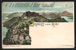 Litho Rigi-Kulm, Ortspanorama mit Gebirg