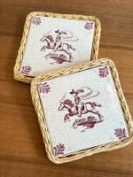 2er-Set Vintage Keramik-Untersetzer mit Rattanrand