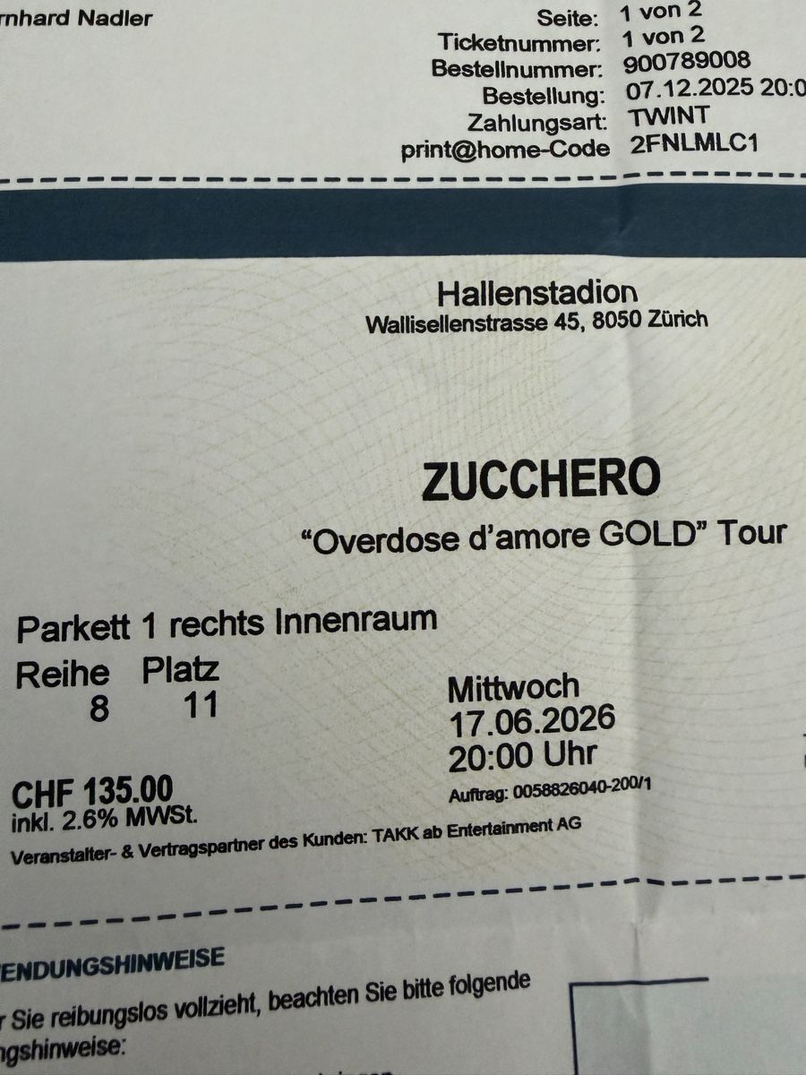 Tickets: Tickets Zuccero  – Neu und originalverpackt aus Aadorf von bna_tfq8
