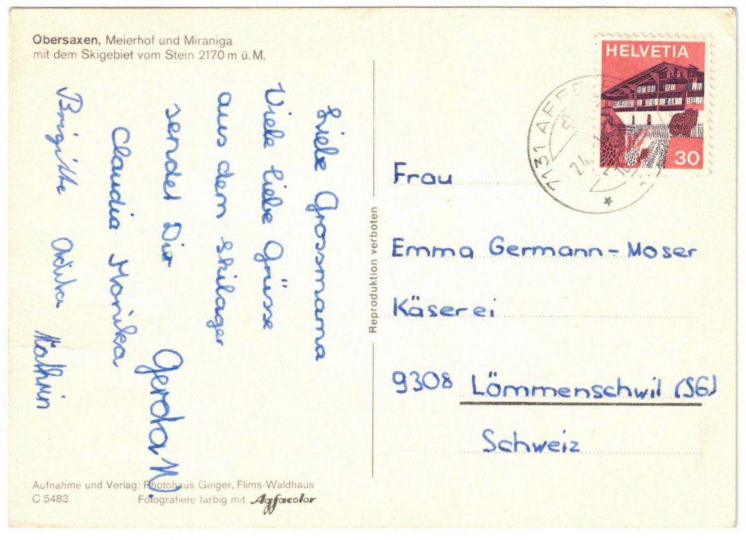 Cartoline postali: Obersaxen - Skigebiet Stein – Usato da Binningen venduto da Mountainrider 1