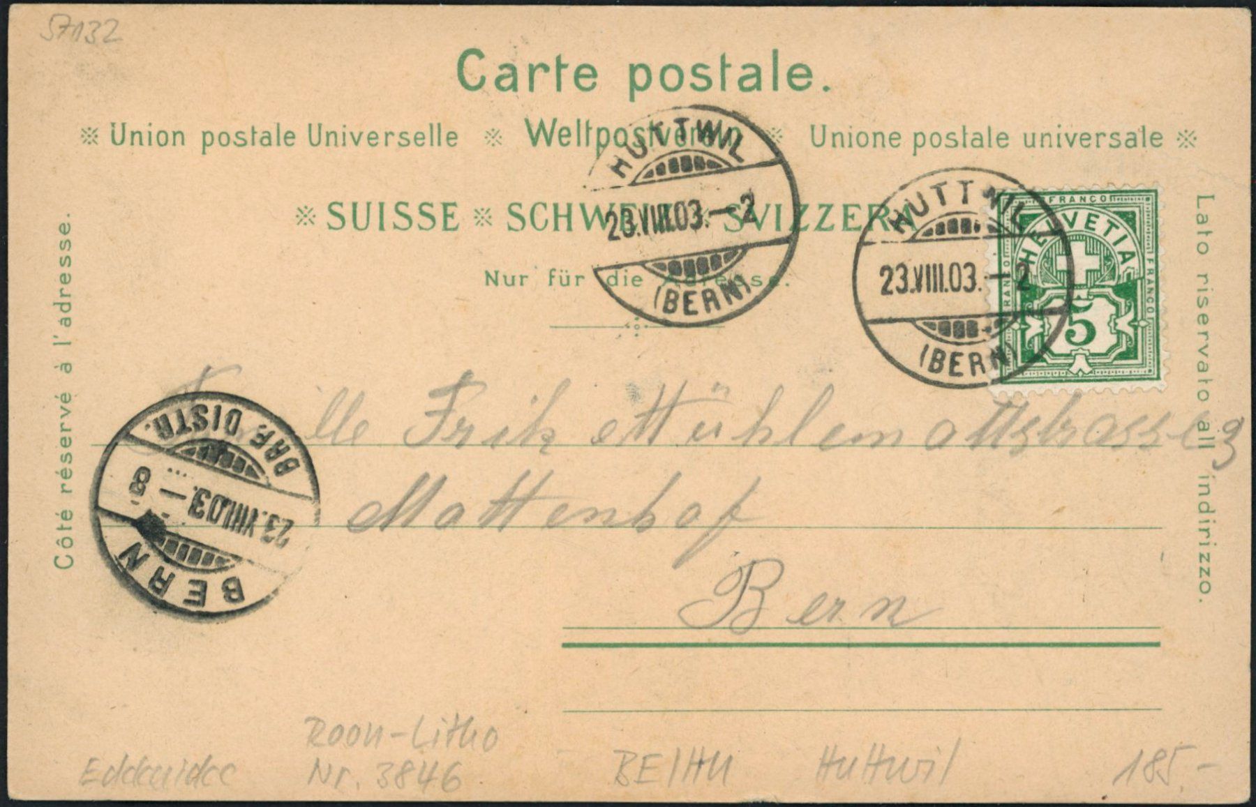 Cartoline postali: BE Huttwil - Litho – Usato da Schindellegi venduto da stationary 1