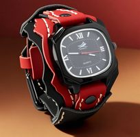 Grosse Uhr aus Leder Punk Sport rot schwarz Quarz