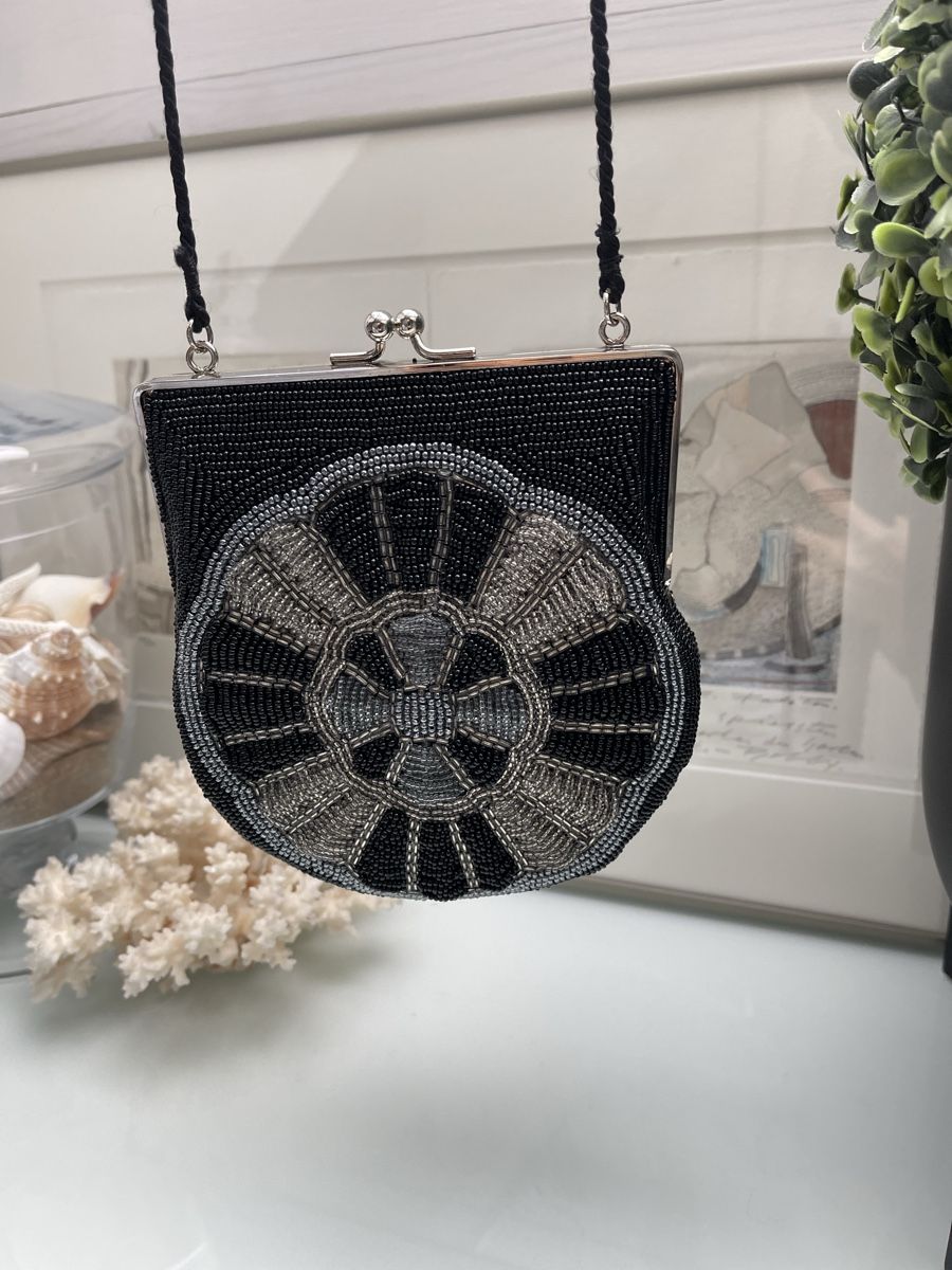 Borse da donna: Art-Deco Perlen-Abendtasche | Schwarz & Silber | Handbestick – Usato da Winkel venduto da Glamour-Style 3