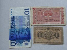 Alte Banknoten: 10 Gulden, 10 Finnmark, 1 Finnmark