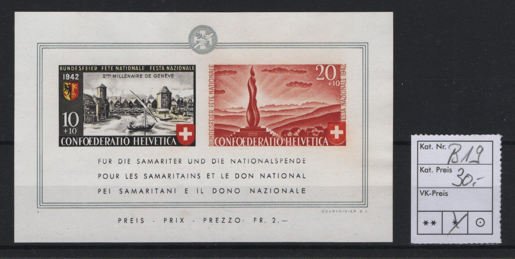 Tutti i francobolli: 1942 Bundesfeierblock Nr. B19 mit Falz – Nuovo (secondo la descrizione) da Gordola venduto da tist