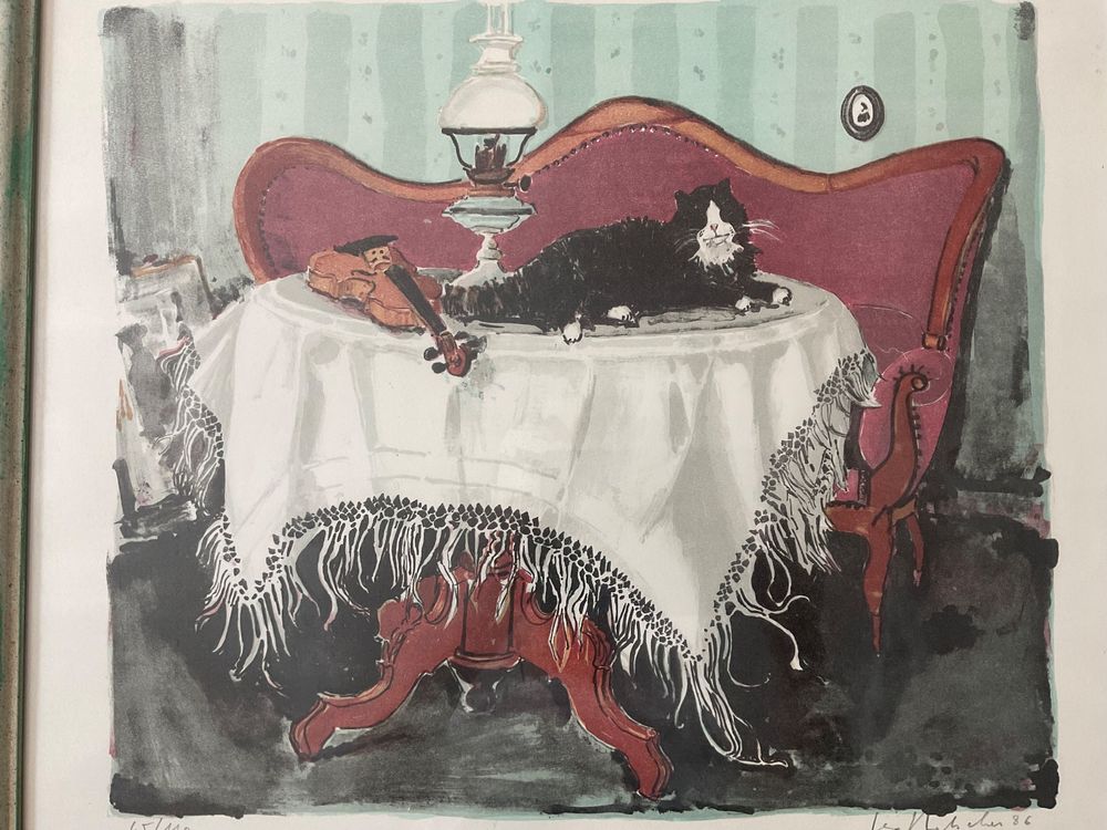 Lithographie von Geo Bretscher 1986. Katze auf Tisch 2