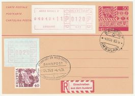 SFS7, ATM 6 auf CH-Ganzsache, R-Bahnpost aus Deutschland