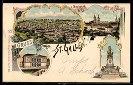 Lithographie St. Gallen, Kloster, Museum, Monumentalbrunnen