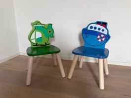 2er Set Kinderstühle Holz, Motiv Helikopter & Schiff