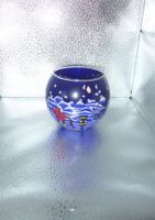 Winterliches Teelichtglas, blau mit Sujet, Top Zustand!