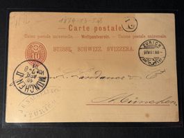 10 Rp. Postkarte 1881 von Zürich nach München