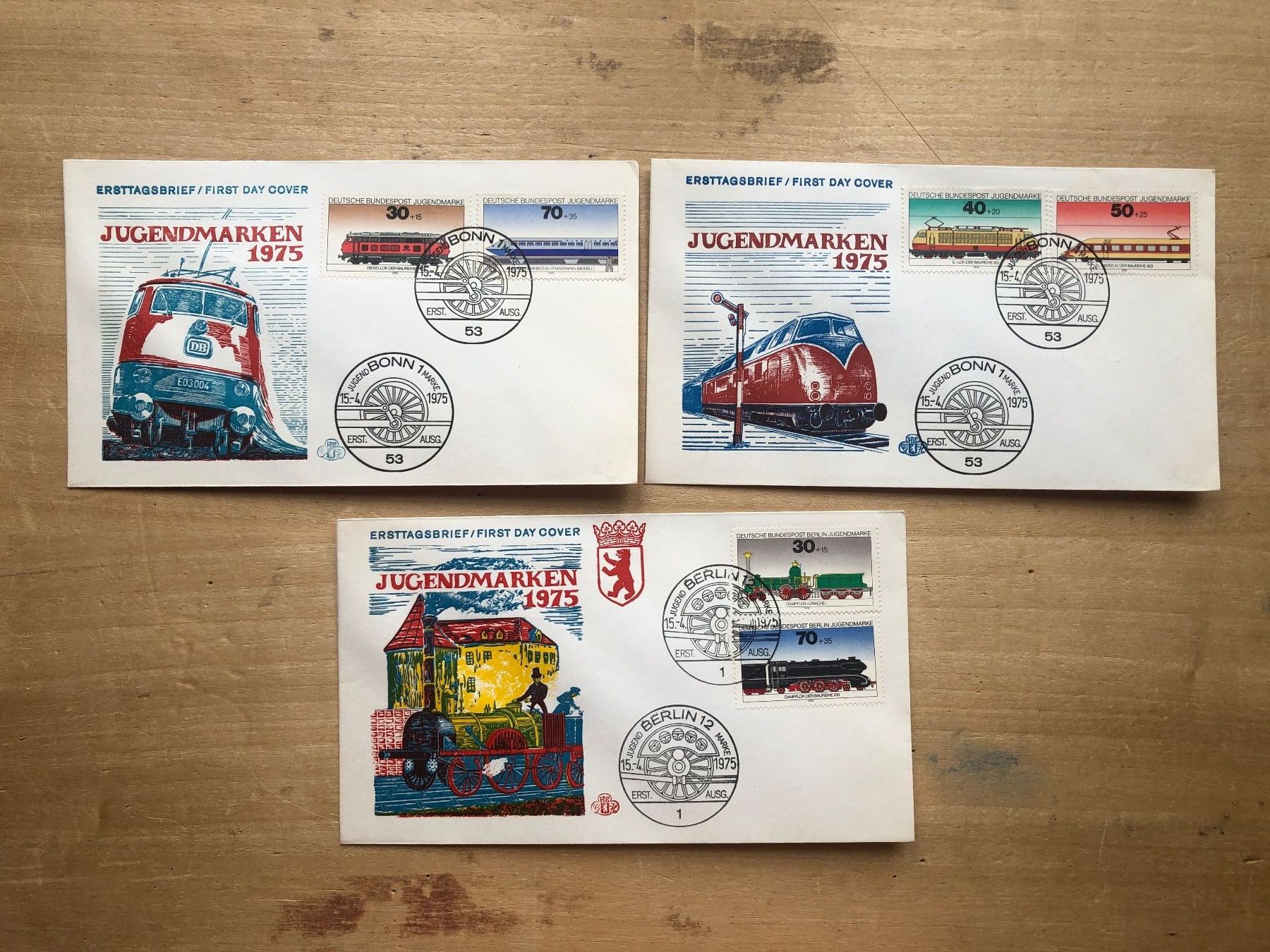 Alle Briefmarken: BRD/Berlin 1975: 3 FDC tema Eisenbahn/thème ferroviaire – Gebraucht aus Neuchâtel von Atahuallpa