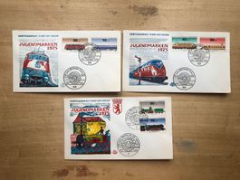 BRD/Berlin 1975: 3 FDC tema Eisenbahn/thème ferroviaire