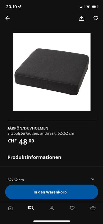 JÄRPÖN/DUVHOLMEN Sitzpolster/aussen, anthrazit, 62x62 cm - IKEA Schweiz