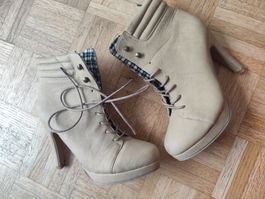 Beige Lace-Up High Heel Ankle Boots, Size 38, Autumn Style