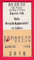 KARTON BILLETT, ZÜRICH - WEIACH-KAISERSTUHL,2.KLASSE,EINFACH