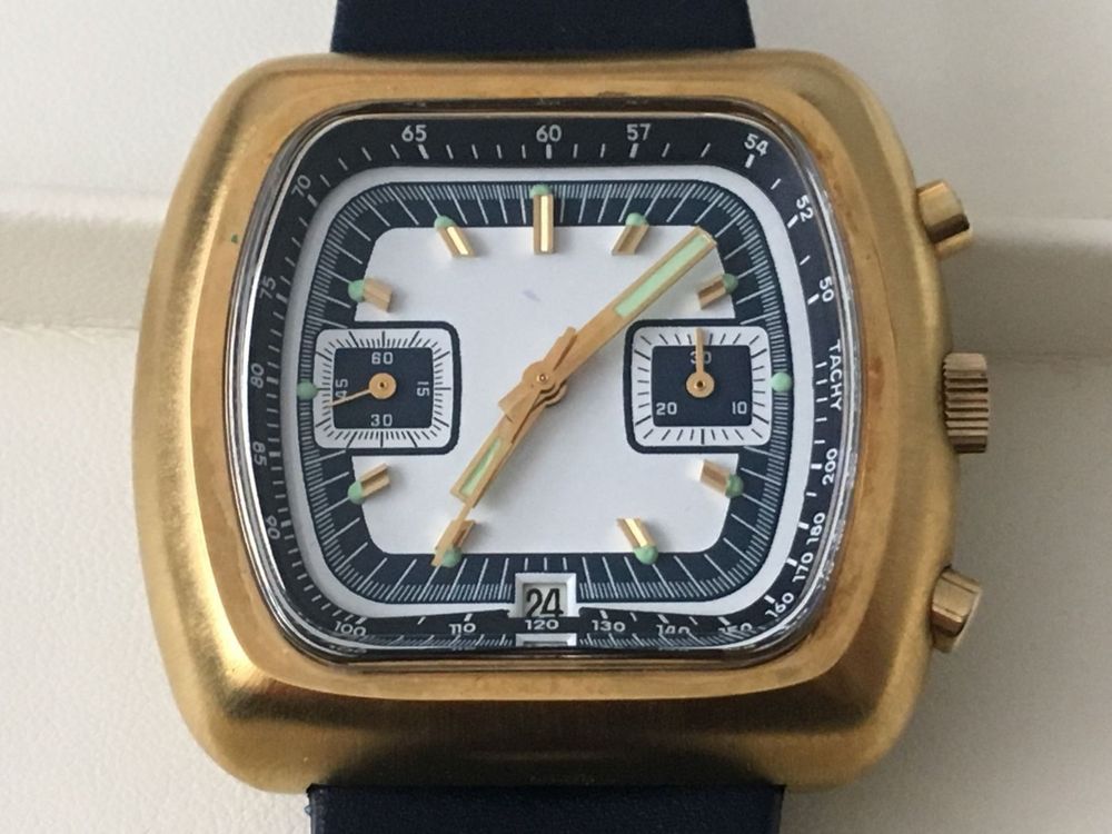 Montre Chronographe Vintage Selux Valjoux 7734 – Cadran Bleu, Bracelet Bleu – Années 70 – Mécanique Manuelle