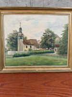 Tableau ancien, église du village, cadre doré, 42x36 cm