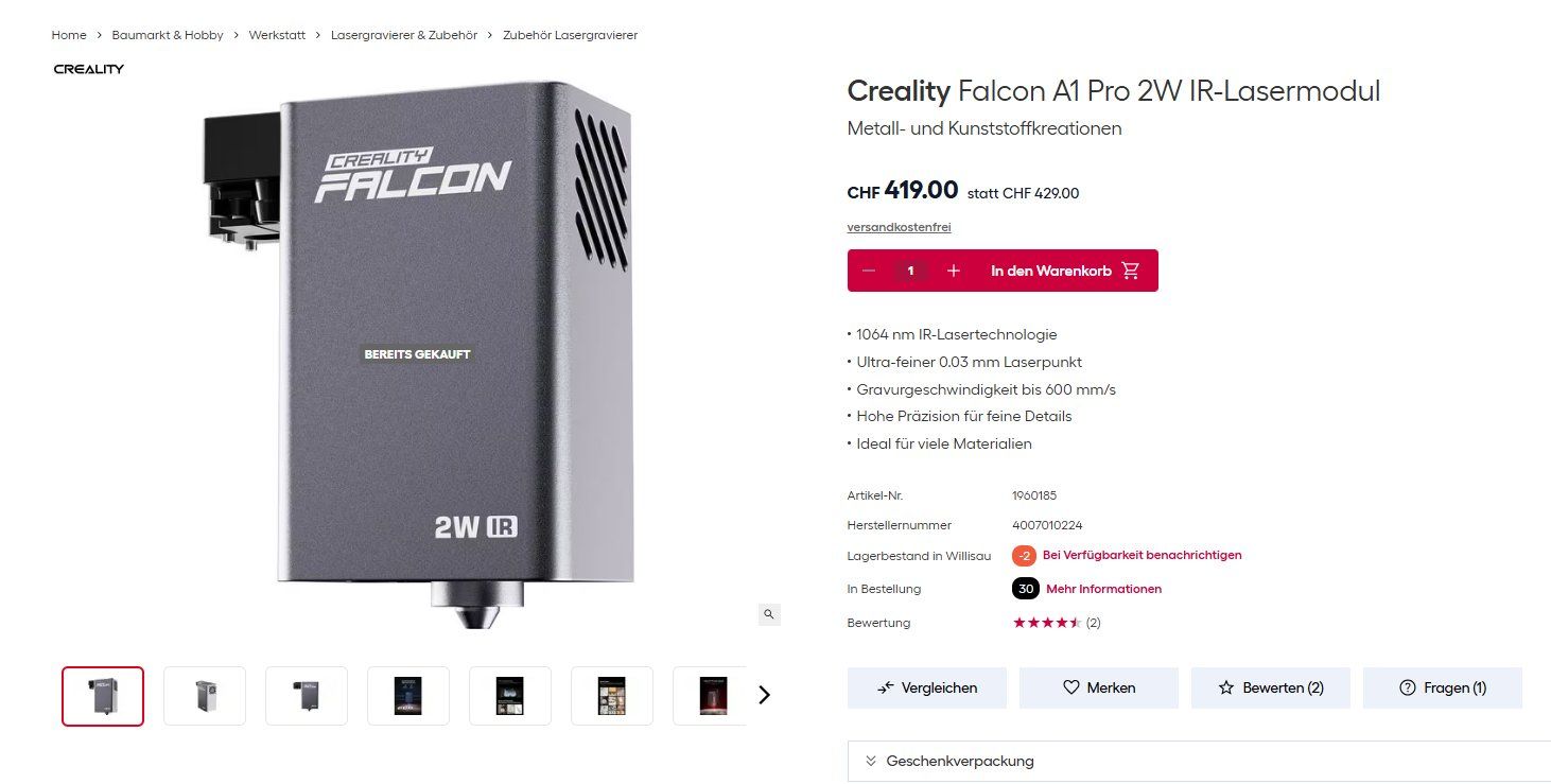 Creality Imprimante 3D: Creality Falcon A1 Pro 2W IR-Lasermodul – D'occasion à Reinach BL par Mr.Kitchentiger