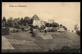 AK Burgistein, Ortsansicht mit Schloss und Feldern