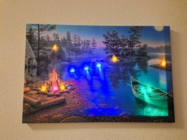 LED Kunstbild Lager Feuer Alaska flackerndem Licht & Boot