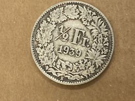 SVIZZERA 1/2  FR MONETA IN ARGENTO 1939 usata - circolata