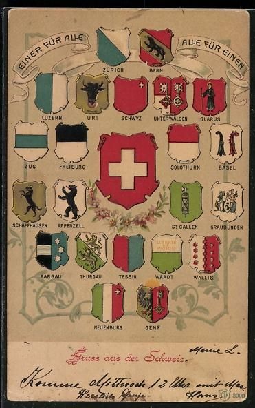 Cartoline postali: Zürich, Schweizer Wappen, Bern, Luzern, – Usato da Berlin venduto da bartko-reher