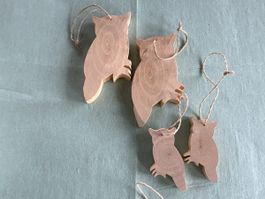 Eulenpaar und 2 Kinder und 1 Katze aus Holz zum basteln 