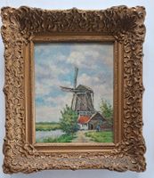Gemälde, Ölbild auf Holz, holländische Landschaft Windmühle