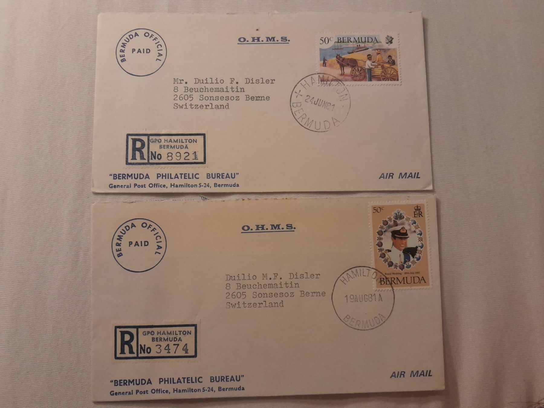 Alle Briefmarken: Bermuda 2 Briefe 1981 – Gebraucht aus Marly von globetrotter1723
