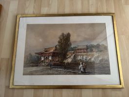 Grosses Aquarell – asiatische Tempelanlage / Japan – signier