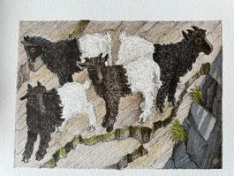 Lithographie Anton Mutter, Vier Kitze im Fels