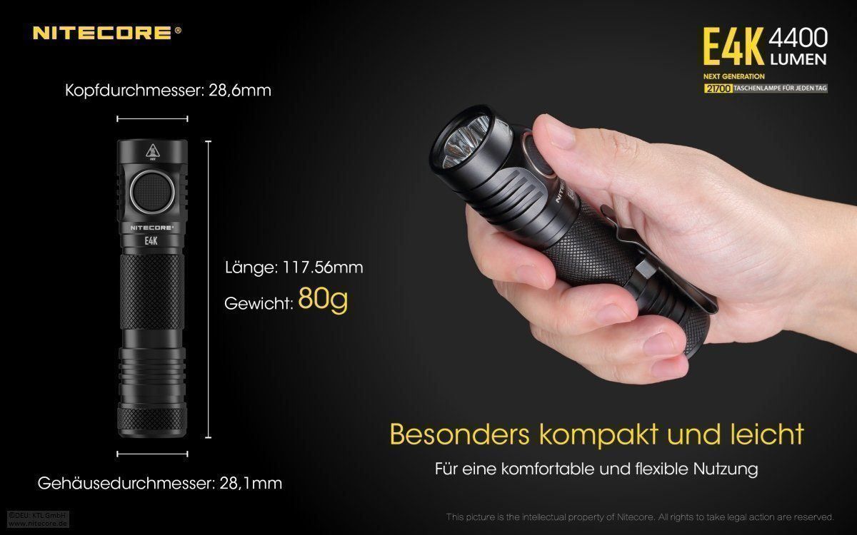 NiteCore Lampade: NiteCore E4K Taschenlampe-4400 Lumen – Nuovo e nell'imballaggio originale da Grüningen venduto da Prolumin 3