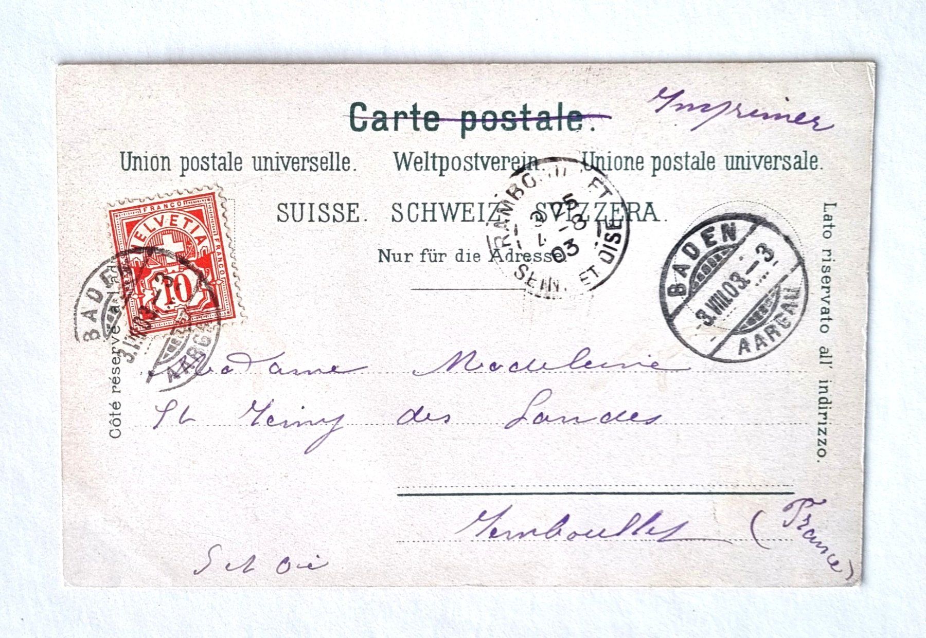 Ansichtskarten: Bauernhaus im Aargau - Post Baden - 1903 – Gebraucht aus Rothrist von RROENK 1