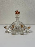 Vintage Kristall Likörkaraffe mit 4 Gläsern orange dekoriert