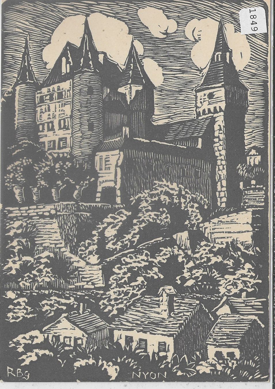 Ansichtskarten: Ric Berger Linolschnitt Nyon Schloss – Gebraucht aus Ettingen von Kartenplanet